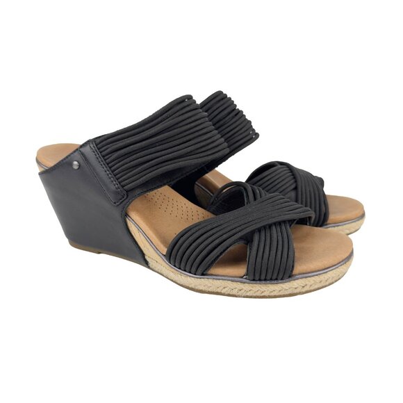 UGG  Hilarie Wedge Sandals Black Leather Elastic Straps Espadrille US 8  EU 3 - Picture 1 of 12